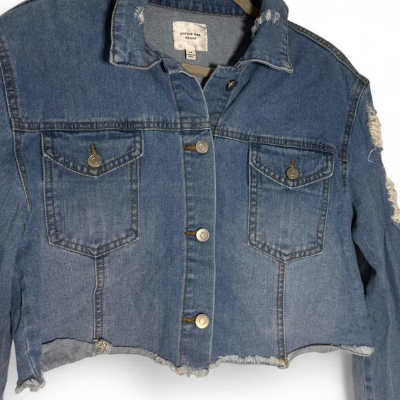 Active USA Distressed Cropped Denim Jacket Size Med - Picture 2 of 6